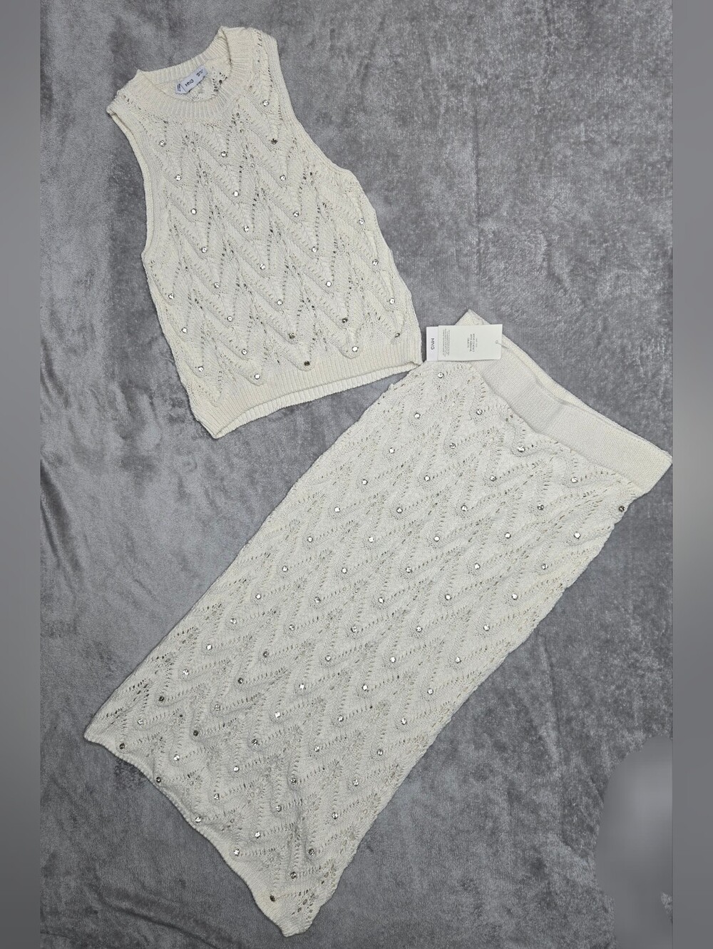 Mango Cream Beaded Knit Skirt Set - Sleeveless Crop Top & Midi Skirt